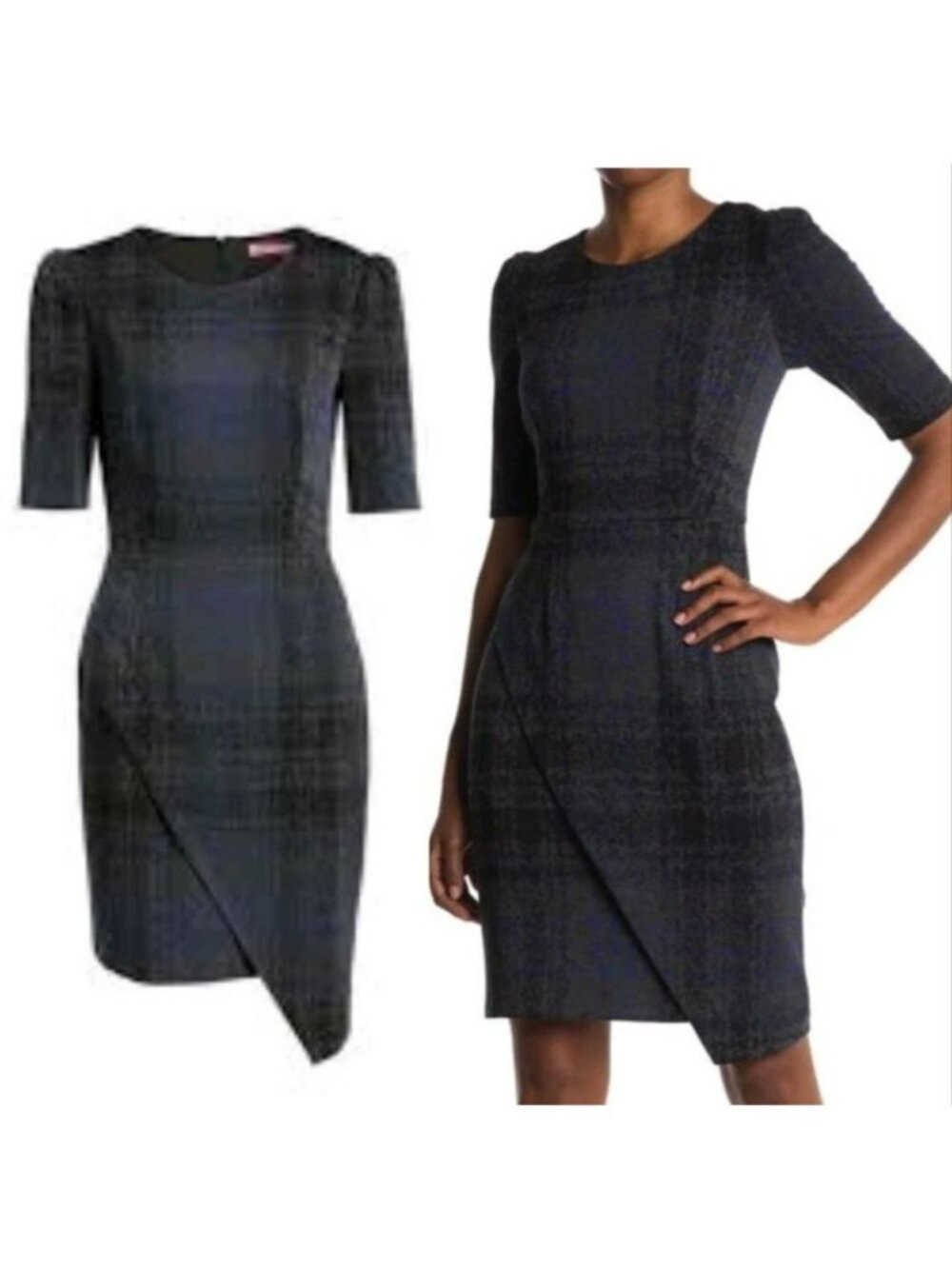 Betsey Johnson Womens Plaid Print Sheath Dress Sz 6 Half-Sleeve Back Zip Closure